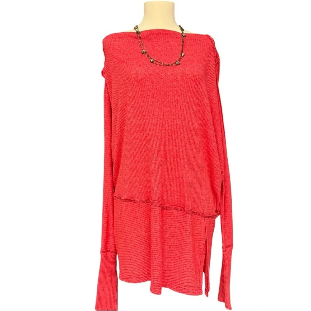 We The Free Free People Red Ribbed Knit Oversized Tunic Top Size XS Off Shoulder